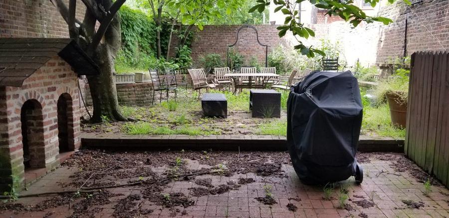 A finished garden patio with seating, string lights and neat plantings